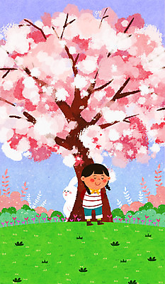 PSD 여자 꽃 어린이 일러스트 나뭇잎 한명 봄 토끼 벚나무 국내일러스트 나무 식물 1 계절 잎 포유류 사람 반려동물 벚꽃 파일형식