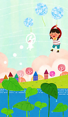 PSD 나무 구름 여자 꽃 호수 어린이 일러스트 나뭇잎 주택 한명 마을 봄 비행 민들레홀씨 국내일러스트 자연요소 식물 1 계절 잎 사람 건물 민들레 파일형식