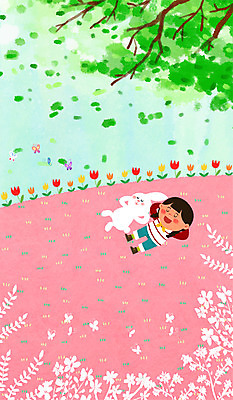 PSD 나무 여자 꽃 어린이 나비 꽃밭 일러스트 나뭇잎 한명 눕기 봄 토끼 국내일러스트 식물 1 계절 곤충 잎 포유류 모션 사람 반려동물 파일형식