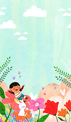 PSD 구름 여자 꽃 어린이 나비 일러스트 나뭇잎 한명 봄 토끼 국내일러스트 자연요소 식물 1 계절 곤충 잎 포유류 사람 반려동물 파일형식