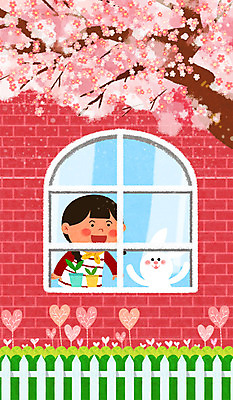 PSD 여자 꽃 화분 어린이 일러스트 창문 벽돌 한명 울타리 봄 하트 토끼 벚나무 벽돌집 국내일러스트 모양 나무 식물 1 계절 포유류 주택 사람 담장 반려동물 벚꽃 파일형식