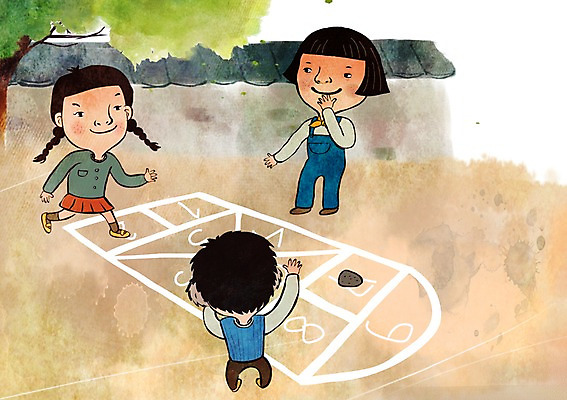 주간 PSD 나무 여자 남자 어린이 일러스트 놀이 야외 세명 담장 돌_바위 추억 사방치기 옛날 국내일러스트 자연요소 식물 컨셉 사람 파일형식