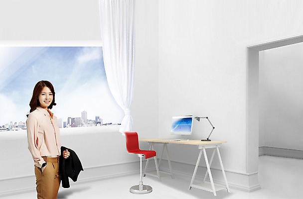 PSD 편집 편집이미지 여자 의자 비즈니스 창문 실내 한명 성인 모니터 한국인 스탠드 커튼 비즈니스우먼 책상 주머니손 이미지편집 1 가구 모션 조명 사람 동양인 내부 컴퓨터 직장인 파일형식