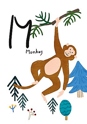 PSD 나무 동물 알파벳 일러스트 나뭇잎 사람없음 원숭이 M 낱말카드 교육자료 국내일러스트 식물 영어 교육 잎 포유류 자료 교구 파일형식