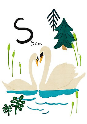 PSD 나무 동물 알파벳 일러스트 사람없음 강 풀잎 백조 S 낱말카드 교육자료 국내일러스트 식물 영어 교육 잎 조류 자료 풀_식물 교구 파일형식