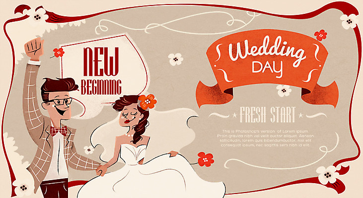 PSD 여자 남자 꽃잎 포스터 리본 신부 웨딩드레스 신랑 결혼 일러스트 새출발 새로움 프레임 성인 두명 희망 시작 웨딩박람회 국내일러스트 드레스 꽃 감정 컨셉 사람 이벤트 출발 박람회 파일형식