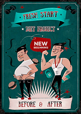 PSD 남자 포스터 다이어트 일러스트 새출발 새로움 성인 두명 희망 아령 햄버거 비교 몸매 비만 시작 국내일러스트 감정 컨셉 패스트푸드 건강 사람 출발 파일형식