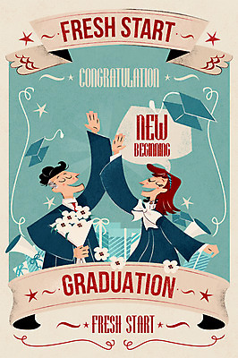 PSD 여자 남자 포스터 꽃다발 일러스트 학사모 졸업 새출발 새로움 졸업생 성인 두명 선물상자 희망 졸업가운 졸업장 시작 국내일러스트 모자_잡화 교육 꽃 감정 컨셉 선물 사람 상자 가운 출발 파일형식