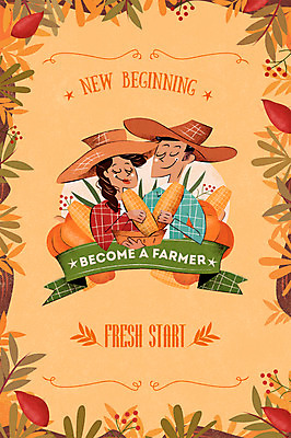 PSD 여자 남자 포스터 일러스트 호박 나뭇잎 새출발 새로움 옥수수 성인 두명 희망 농부 시작 밀짚모자 고구마 귀농 국내일러스트 직업 모자_잡화 감정 컨셉 잎 농업 채소 곡류 뿌리채소 사람 출발 파일형식