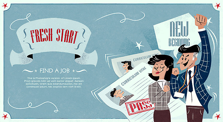 PSD 여자 남자 포스터 일러스트 새출발 새로움 성인 두명 희망 구직 시작 신입사원 이력서 사원증 입사 국내일러스트 감정 컨셉 비즈니스 사람 출발 파일형식