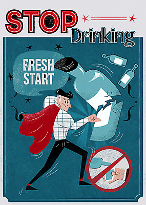 PSD 남자 포스터 일러스트 술병 새출발 새로움 한명 성인 희망 망토 시작 금주 격파 빨간망토 소주잔 국내일러스트 1 감정 컨셉 술잔 모션 병_용기 주류 사람 출발 소주 파일형식