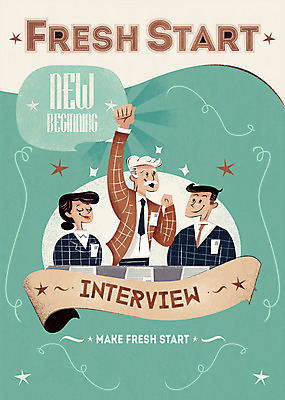 PSD 여자 노년 남자 포스터 일러스트 새출발 새로움 성인 세명 손들기 희망 시작 면접 입사 재취업 국내일러스트 감정 컨셉 비즈니스 모션 사람 구직 출발 파일형식