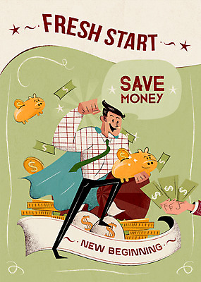 PSD 남자 포스터 지폐 일러스트 새출발 새로움 한명 성인 달러 동전 희망 저축 돼지저금통 돈자루 망토 시작 금융의날 국내일러스트 1 감정 컨셉 돈 사람 금융 저금통 출발 파일형식 법정기념일