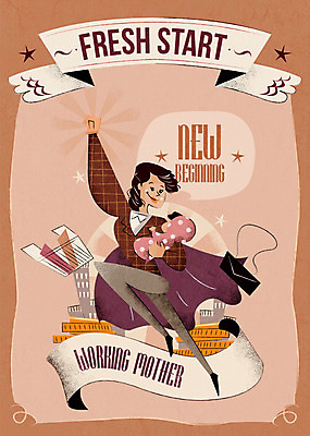 PSD 여자 포스터 일러스트 새출발 새로움 빌딩 성인 두명 동전 희망 아기 망토 시작 워킹맘 국내일러스트 감정 컨셉 돈 엄마 사람 건물 비즈니스우먼 출발 파일형식