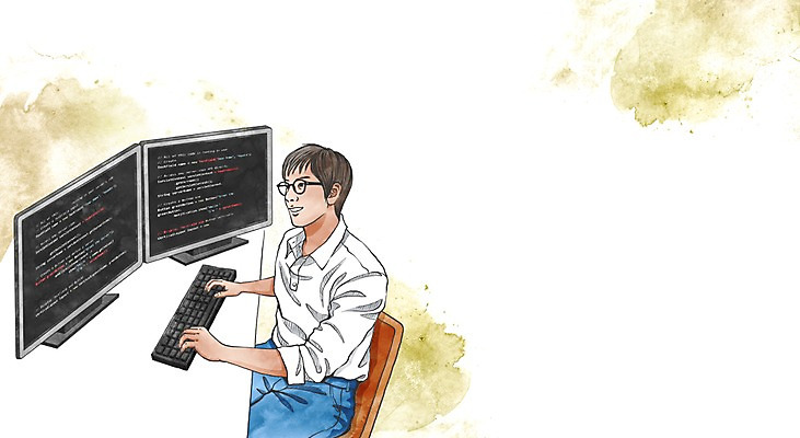 PSD 직업 남자 캘리배경 일러스트 한명 성인 컴퓨터 모니터 키보드 책상 컴퓨터프로그래머 국내일러스트 1 가구 백그라운드 사람 전자제품 프로그래머 파일형식