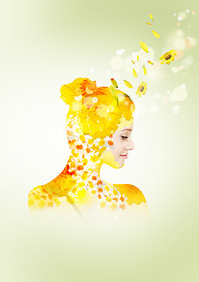 PSD 백인 편집이미지 여자 꽃 한명 상반신 20대 성인 옆모습 뷰티 노란색 머리 눈감음 이미지편집 서양인 식물 1 뷰포인트 컬러 모션 사람 청년 신체부위 파일형식