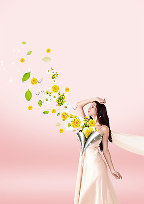 PSD 외국인 편집이미지 드레스 여자 꽃 나뭇잎 한명 상반신 성인 뷰티 눈감음 스카프 오픈 이미지편집 식물 1 옷 잎 모션 사람 인종 목도리 파일형식