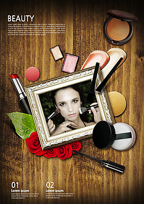 PSD 백인 편집이미지 손 여자 액자 한손 여러명 상반신 성인 목재 앞모습 신체부위 30대 화장 장미 화장품 립스틱 붓 마스카라 파우더 아이섀도 팩트 이미지편집 서양인 나무 꽃 뷰포인트 다수 재료 사람 장년 뷰티 파일형식