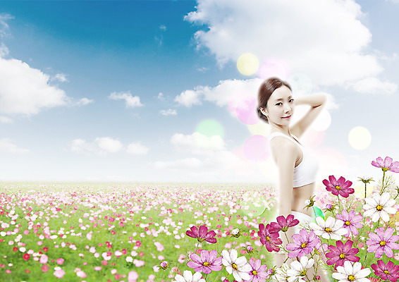 PSD 구름 편집이미지 여자 꽃밭 하늘 한명 상반신 20대 성인 옆모습 뷰티 한국인 코스모스 의료성형뷰티 이미지편집 자연요소 1 꽃 뷰포인트 사람 동양인 청년 파일형식