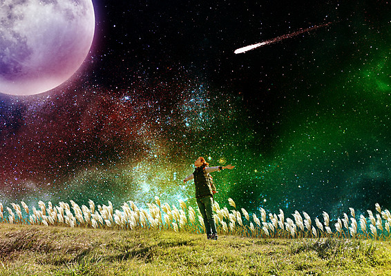 전신 PSD 편집이미지 여자 밤하늘 팔벌리기 한명 서기 20대 성인 한국인 보름달 야간 유성 고개들기 갈대밭 억새밭 이미지편집 자연요소 1 모션 하늘 사람 동양인 청년 달 억새 파일형식 갈대_식물