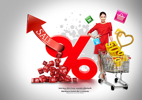 PSD 외국인 편집이미지 여자 한명 서기 동양인 20대 성인 앞모습 쇼핑 세일 쇼핑카 블록 퍼센트 50% 이미지편집 1 뷰포인트 모션 사람 인종 청년 카트 특수기호 파일형식