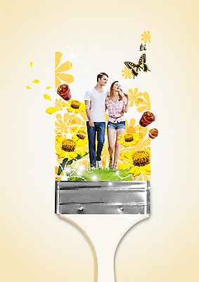 전신 PSD 백인 편집이미지 커플 여자 남자 꽃 여행 나비 안기 어깨동무 성인 두명 앞모습 30대 노란색 걷기 페인트붓 머핀 아이스커피 이미지편집 서양인 식물 커피 빵 뷰포인트 컬러 포즈 곤충 관계 모션 사람 장년 붓 파일형식