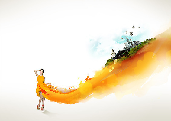 PSD 백인 편집이미지 원피스 여자 붓터치 한명 20대 성인 주황색 도시 사찰 화폐기호 엔 일본여행 불상 이미지편집 서양인 1 기호 옷 컬러 해외여행 돈 불교 종교건축 사람 청년 일본 화폐 파일형식