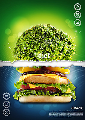 PSD 편집이미지 종이 음식 다이어트 사람없음 햄버거 비교 브로콜리 찢어짐 반전 이미지편집 컨셉 채소 모션 패스트푸드 건강 파일형식