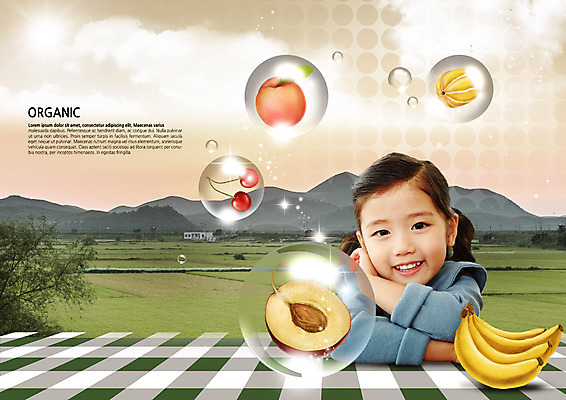 PSD 편집이미지 여자 엎드리기 논 바나나 한명 미소 상반신 앞모습 유치원생 한국인 식탁보 물방울 체리 비눗방울 복숭아 자두 이미지편집 1 어린이 뷰포인트 농업 과일 모션 표정 사람 동양인 파일형식