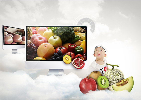 PSD 구름 편집이미지 남자 토마토 포도 피망 파프리카 키위 옥수수 한명 상반신 컴퓨터 한국인 올려보기 아기 배 사과 브로콜리 멜론 복숭아 청사과 석류 이미지편집 자연요소 1 채소 과일 모션 곡류 사람 동양인 전자제품 파일형식