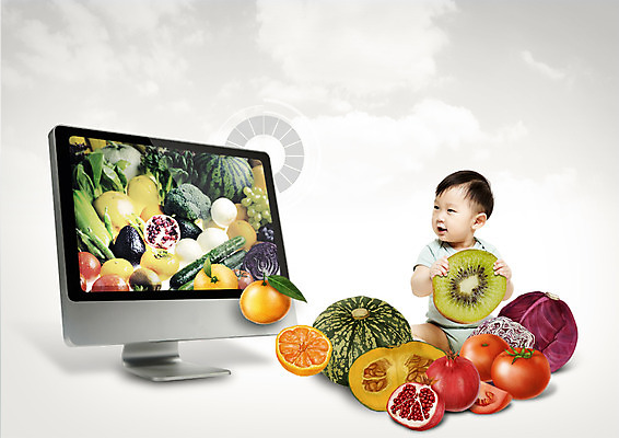 PSD 편집이미지 남자 토마토 오이 귤 수박 키위 한명 들기 상반신 앞모습 컴퓨터 한국인 아기 브로콜리 석류 적채 이미지편집 1 뷰포인트 채소 과일 모션 사람 동양인 전자제품 양배추 파일형식