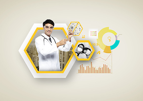 PSD 서양인 편집이미지 여자 남자 40대 의학 실험 마스크 상반신 20대 성인 세명 한국인 환자 의사 금지 바이러스 막대그래프 육각형 원그래프 이미지편집 도형 외국인 중년 그래프 사람 동양인 청년 의료진 파일형식