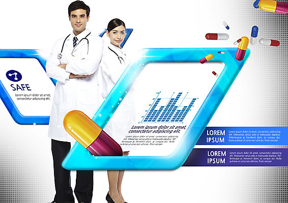 PSD 서양인 외국인 편집이미지 여자 남자 의학 서기 안전 상반신 20대 성인 두명 알약 팔짱 사각형 기댐 의사 막대그래프 이미지편집 도형 모션 그래프 사람 인종 청년 약 의료진 파일형식