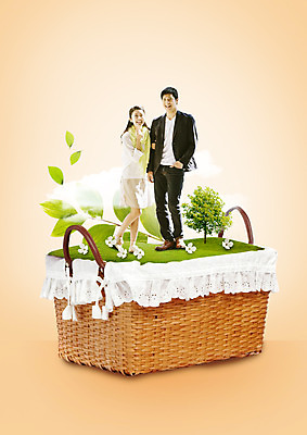 전신 PSD 나무 편집이미지 커플 여자 남자 꽃 나뭇잎 서기 미소 잔디 20대 성인 두명 앞모습 팔짱 일본인 주머니손 소풍바구니 이미지편집 외국인 식물 뷰포인트 잎 관계 모션 표정 사람 동양인 청년 바구니 파일형식