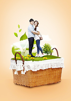 전신 PSD 나무 편집이미지 커플 여자 남자 꽃 안기 나뭇잎 서기 미소 잔디 20대 성인 두명 옆모습 한국인 소풍바구니 이미지편집 식물 뷰포인트 잎 관계 모션 표정 사람 동양인 청년 바구니 파일형식