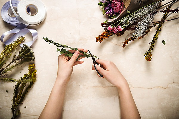 포토 JPG 스튜디오촬영 직업 손 꽃 리본 탁자 나뭇잎 가위 신체부위 하이앵글 꽃꽂이 책상 오브젝트 플로리스트 플랫레이 국내포토 식물 뷰포인트 가구 잎 문구용품 실내 사람 플랫 원예 파일형식