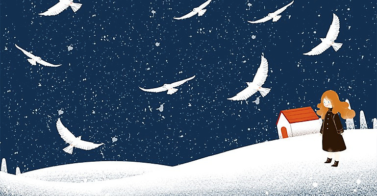 PSD 나무 여자 어린이 겨울 일러스트 자연 조류 밤하늘 주택 한명 설원 눈 국내일러스트 자연요소 식물 동물 1 계절 하늘 날씨 눈_날씨 사람 건물 야간 생태계 파일형식