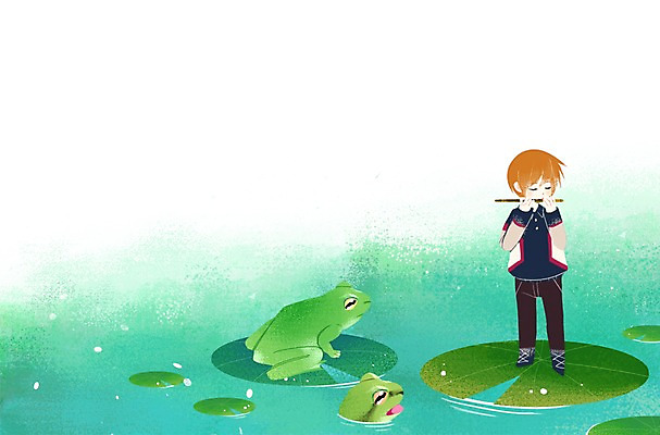 PSD 남자 어린이 연주 일러스트 자연 개구리 한명 연못 연잎 피리 국내일러스트 1 음악 잎 양서류 사람 목관악기 생태계 파일형식