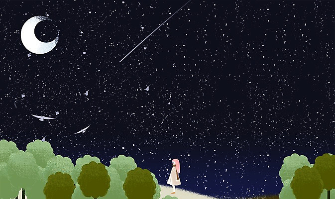 PSD 나무 여자 별 어린이 일러스트 자연 조류 밤하늘 한명 달 유성 국내일러스트 자연요소 식물 동물 1 하늘 사람 야간 생태계 파일형식