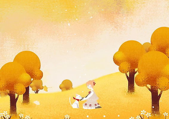 PSD 나무 여자 꽃 어린이 일러스트 자연 한명 초원 고양이 가을 국내일러스트 식물 1 계절 포유류 사람 반려동물 생태계 파일형식