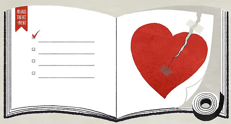 PSD 일러스트 상상 상상일러스트 사람없음 치료 책 고통 슬픔 하트 마음 찢어짐 스카치테이프 체크리스트 국내일러스트 모양 감정 의학 모션 테이프 파일형식