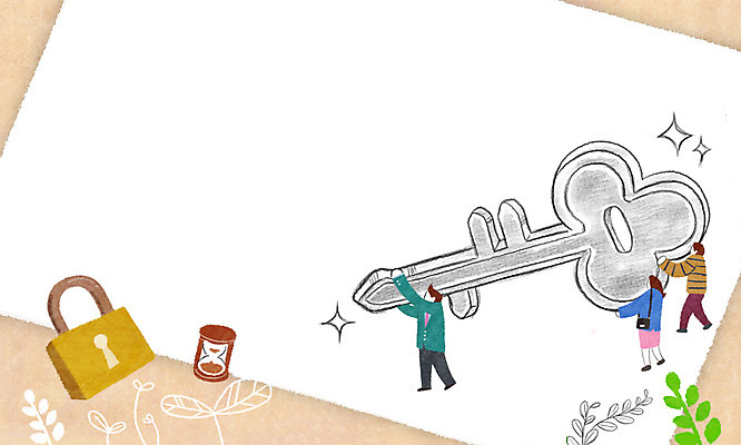 PSD 여자 남자 일러스트 열쇠 나뭇잎 자물쇠 성인 세명 새싹 희망 모래시계 프레임일러스트 국내일러스트 식물 감정 모래 시계 잎 프레임 사람 파일형식