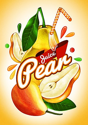 PSD 음료 과일 일러스트 빨대 사람없음 라벨 주스 물방울 서양배 국내일러스트 프레임 배_과일 파일형식