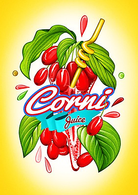 PSD 음료 일러스트 빨대 사람없음 라벨 주스 물방울 산수유 산수유열매 국내일러스트 열매 꽃 프레임 파일형식