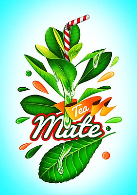PSD 음료 일러스트 나뭇잎 빨대 사람없음 라벨 물방울 차 마테차 마테 국내일러스트 식물 잎 프레임 차_음료 파일형식