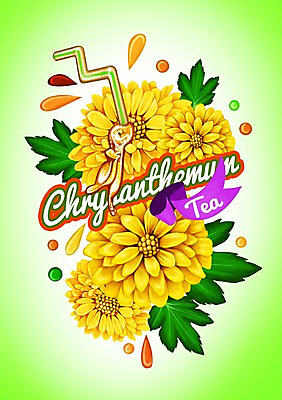 PSD 음료 일러스트 국화 빨대 사람없음 라벨 물방울 차 국화차 국내일러스트 꽃 프레임 차_음료 파일형식