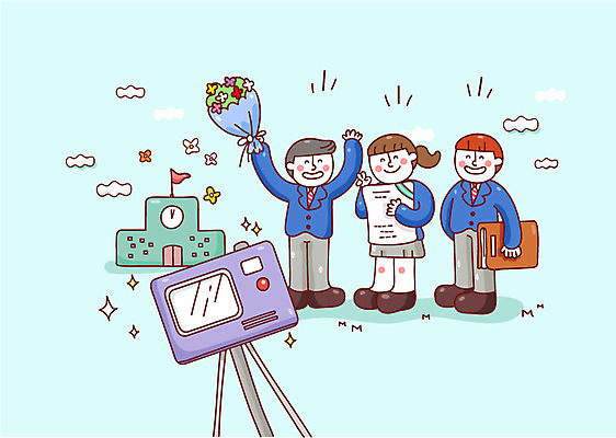 구름 학생 여자 남자 교복 꽃다발 일러스트 졸업 학교 청소년 새출발 새로움 졸업식 졸업생 세명 카메라 졸업장 삼각대 설레임 국내일러스트 AI파일 자연요소 옷 교육 꽃 감정 컨셉 사람 전자제품 출발 파일형식 벡터