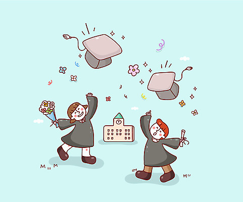 여자 남자 대학생 꽃다발 일러스트 학사모 졸업 학교 새출발 새로움 졸업식 졸업생 성인 두명 졸업가운 졸업장 설레임 국내일러스트 AI파일 모자_잡화 학생 교육 꽃 감정 컨셉 사람 가운 출발 파일형식 벡터