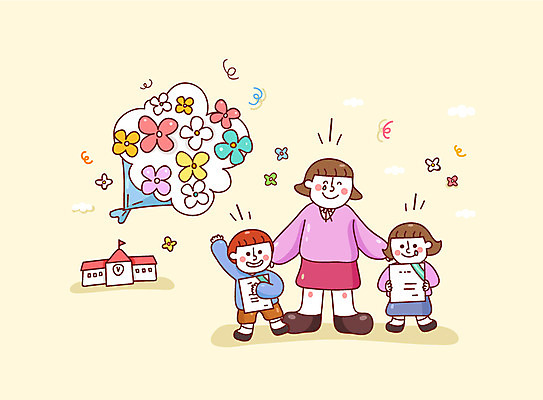 학생 여자 남자 어린이 꽃다발 일러스트 졸업 학교 청소년 새출발 새로움 졸업식 초등학교 졸업생 성인 세명 교사 졸업장 설레임 국내일러스트 AI파일 직업 교육 꽃 감정 컨셉 사람 출발 파일형식 벡터