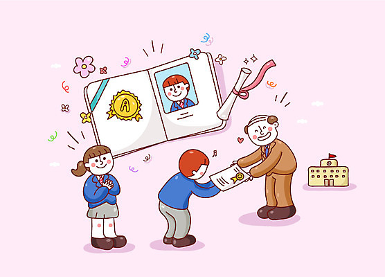 학생 여자 남자 꽃 교복 일러스트 졸업 학교 청소년 새출발 새로움 졸업식 졸업생 성인 세명 졸업장 설레임 교장 국내일러스트 AI파일 식물 옷 교육 감정 컨셉 사람 출발 파일형식 벡터